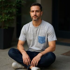 Marine Layer Re-Spun Mens Pocket Tee Heather Gray Blue Floral Tropical Size M/L